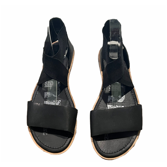 Sorel Ella Black Leather Slip On Flat Ankle-Strap Open Toe Sandals Womens Sz 6.5 - Picture 1 of 12